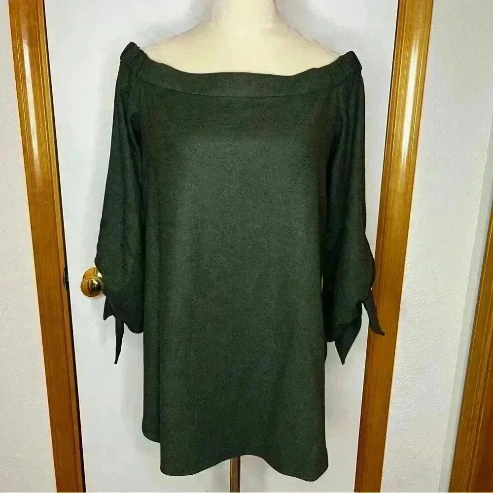 Tibi Wool Blend 3/4 Sleeve Shirt Women 4 Green Off Shoulder Rounded Neck Tunic
